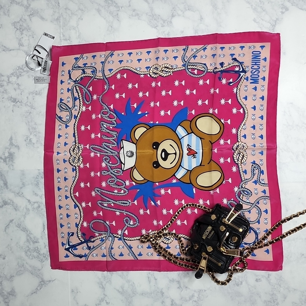 Moschino pink teddy toy nautical silk scarf